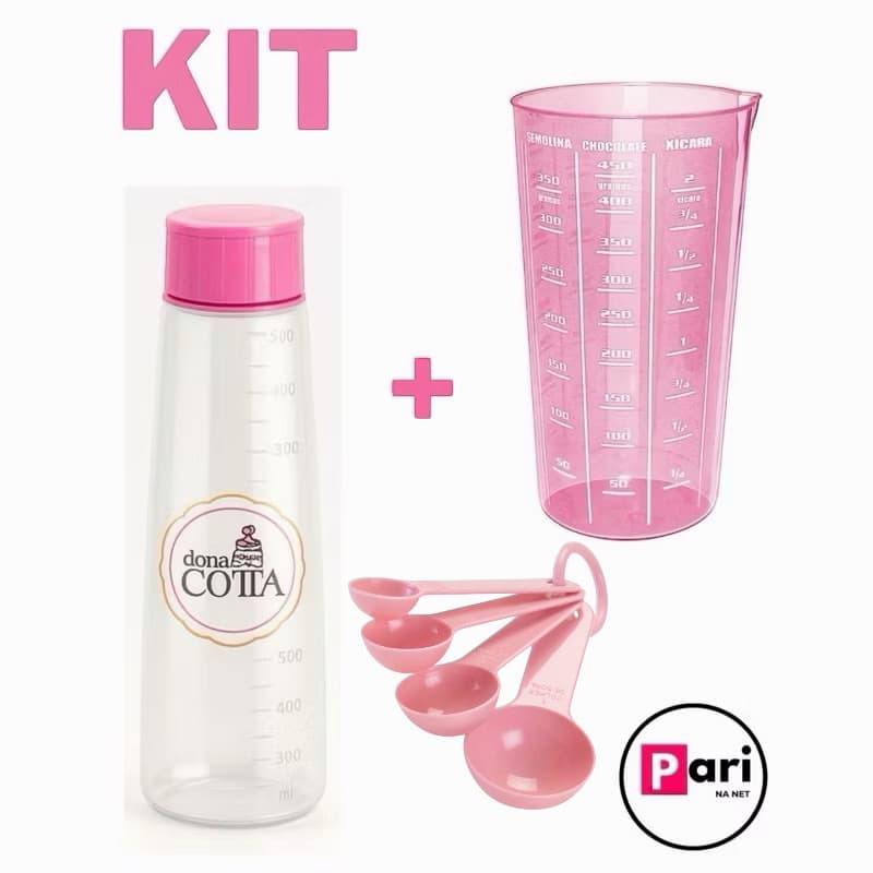 Kit Regador Bisnaga Umedecer Massas Bolo + Copo Medidor + 4 Colheres Dosadoras