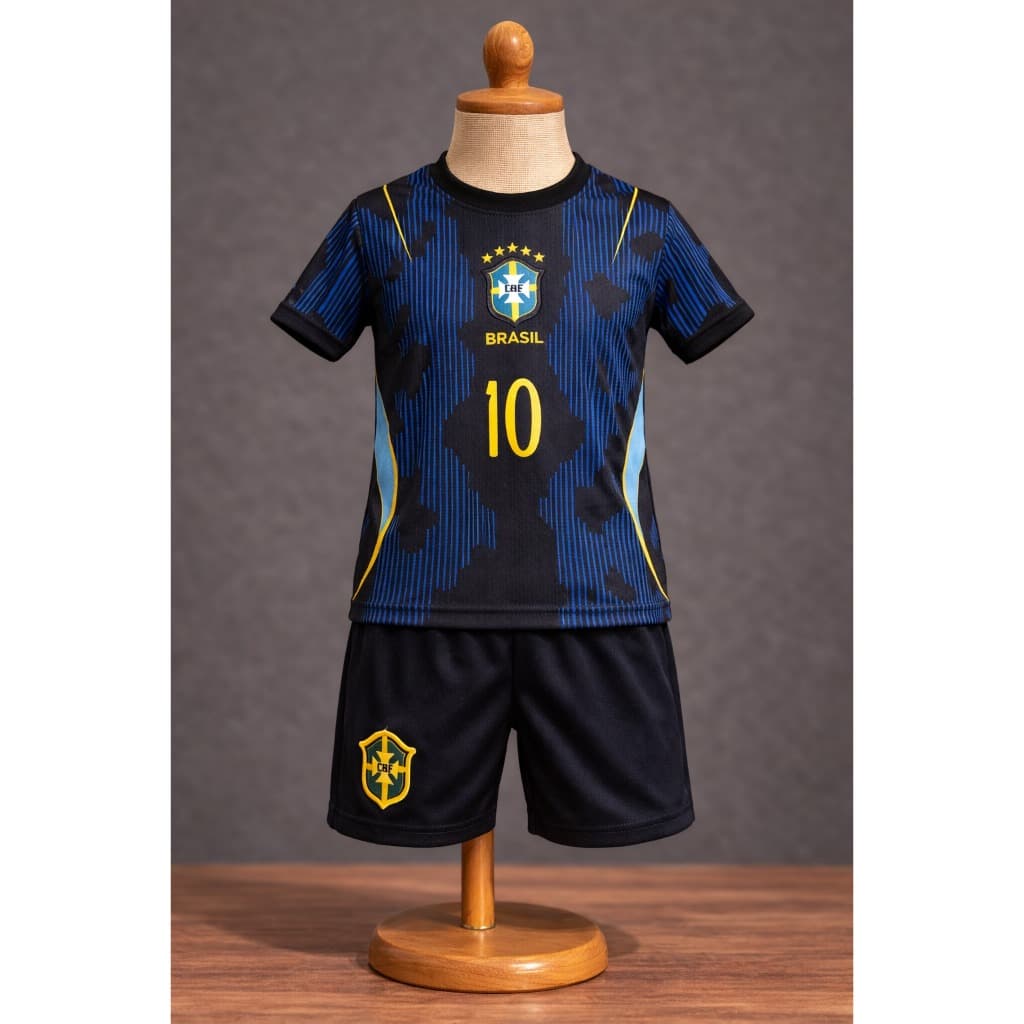 Conjunto infantil do Brasil Malha Leve e Confortável kit camiseta e bermuda azul e preto