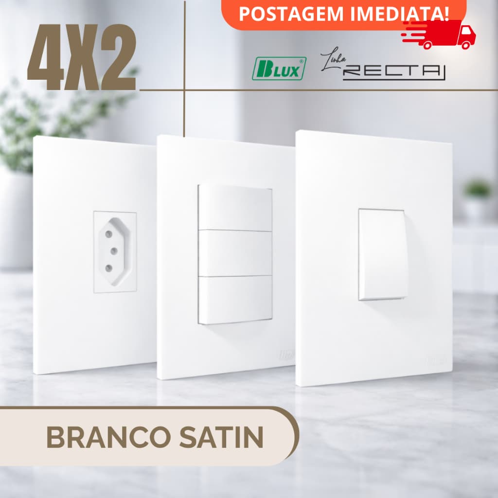Tomada Interruptor Branco Recta Satin Fosco 4x2 Tomada 10a 20a Cozinha Branca Casa Interruptor Simples Paralelo BLUX