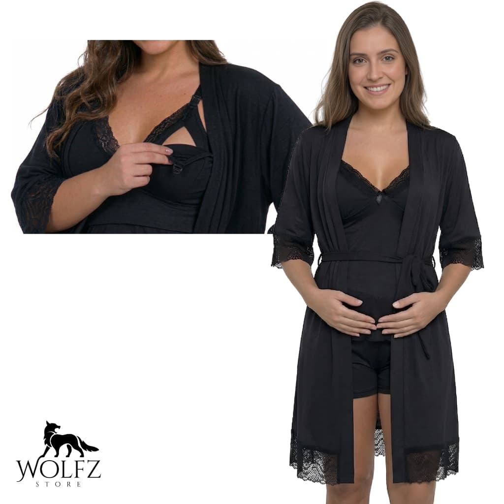 Kit 2 Peças Maternidade: 1 Baby Doll Amamentação + 1 Robe Hobby Microfibra Luxo Renda Delicada Saída de Maternidade