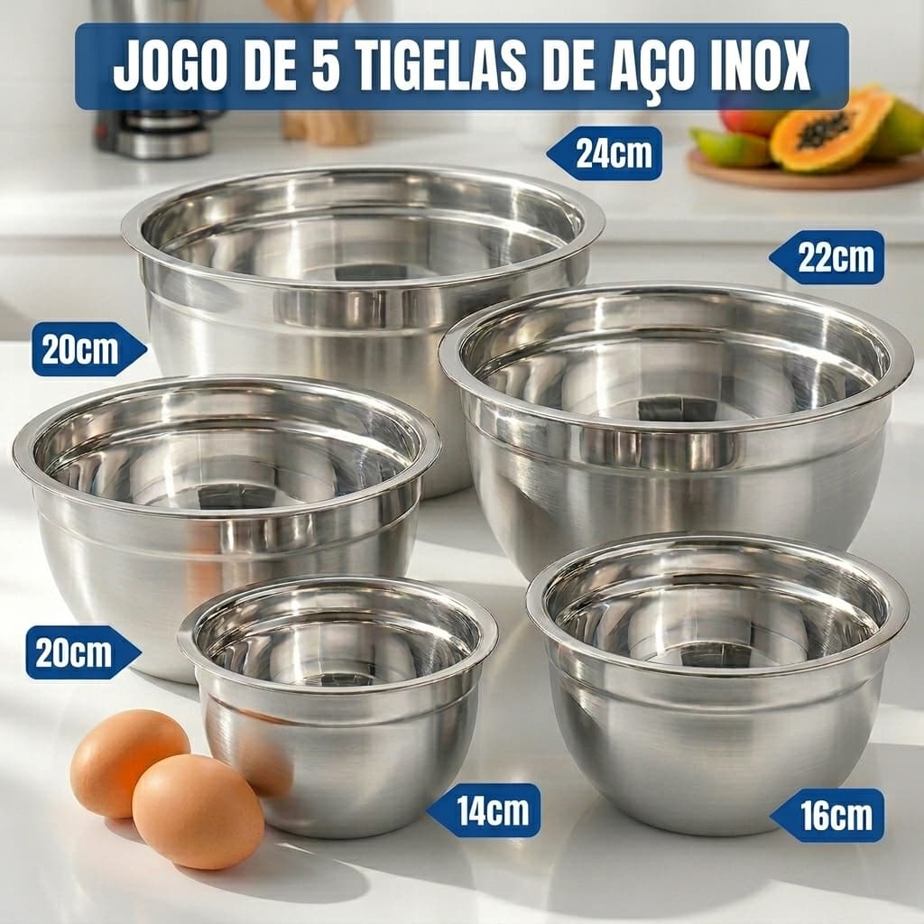 Jogo de Bowls Inox 5 Peças Tigelas Empilháveis Aço Inoxidável Premium 14 a 24cm Alta Resistência Cozinha Profissional