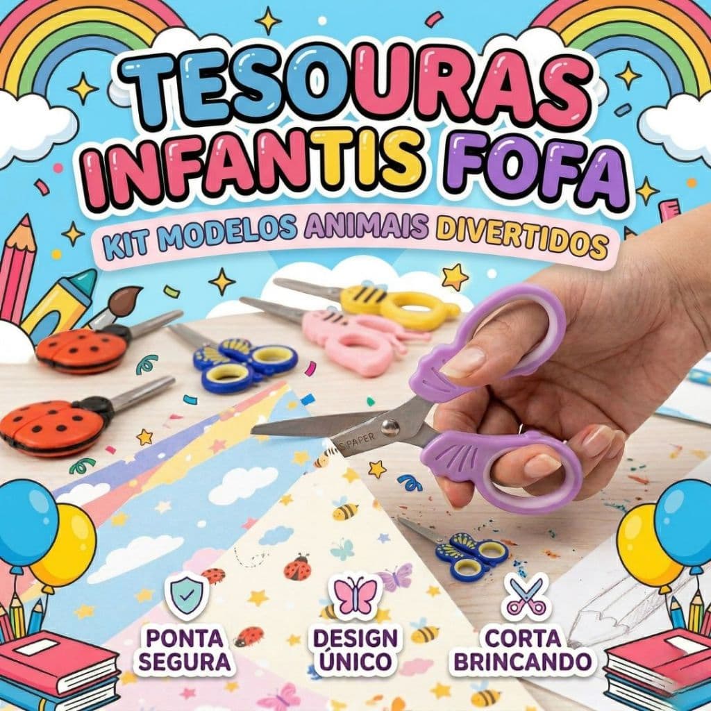 Tesoura Escolar Infantil Sem Ponta Borboleta Kawaii Papelaria Fofa Material Escola