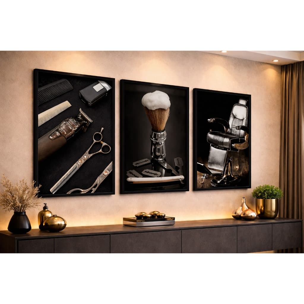 Kit 3 Quadros Decorativos Luxo Barbearia Barber Cabelo 60x40