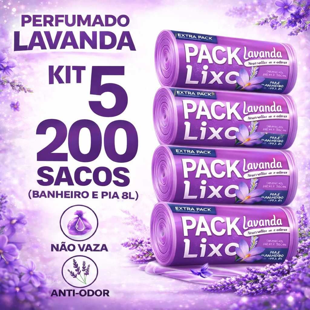 Kit 5 Rolos  200 Sacos de Lixo para Pia e Banheiro Cozinha  Neutraliza Odores  Lavanda