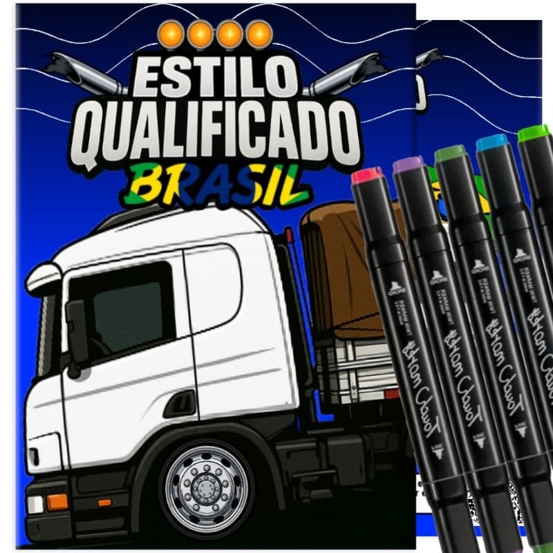 Livro de Colorir 60 Caminhões Estilo Qualificado Brasil - Volvo, Scania, Volkswagen, Fiorino e + 5 CANETINHAS