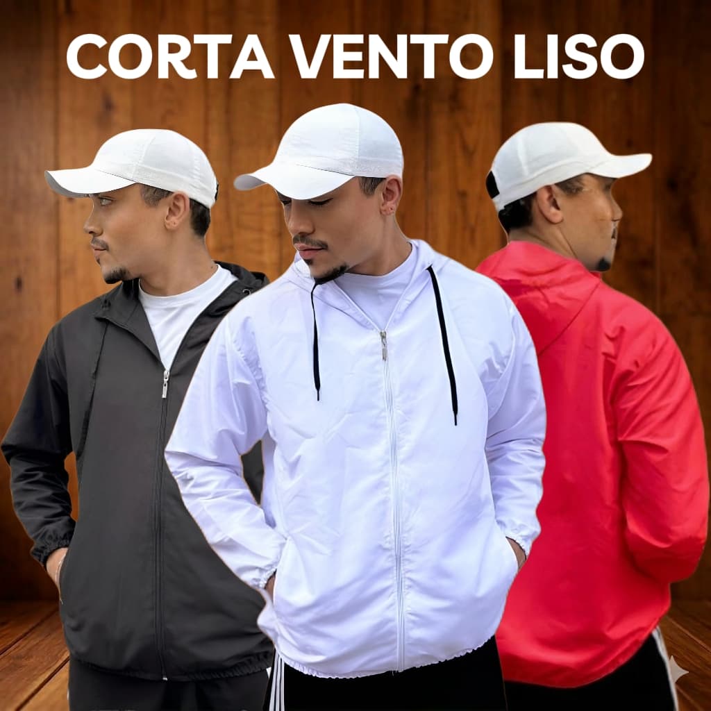 Corta-vento masculino com ziper com capuz ajustavel ideal para passear na Rua cores vermelho, preto, branco,