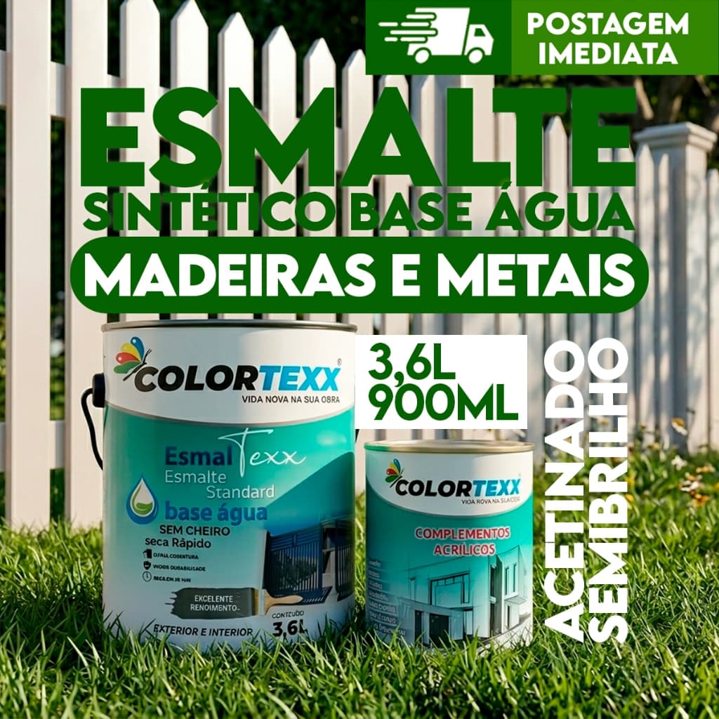 Tinta Esmalte ACETINADO (Base água) 3,6L | 900ML Madeiras e metais sem cheiro Seca Rapido Colortexx