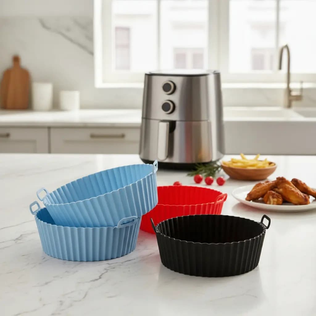 Forma De Silicone Air Fryer 20Cm Cesto Forno Fritadeira Assadeira Reutilizável Antiaderente Protetor