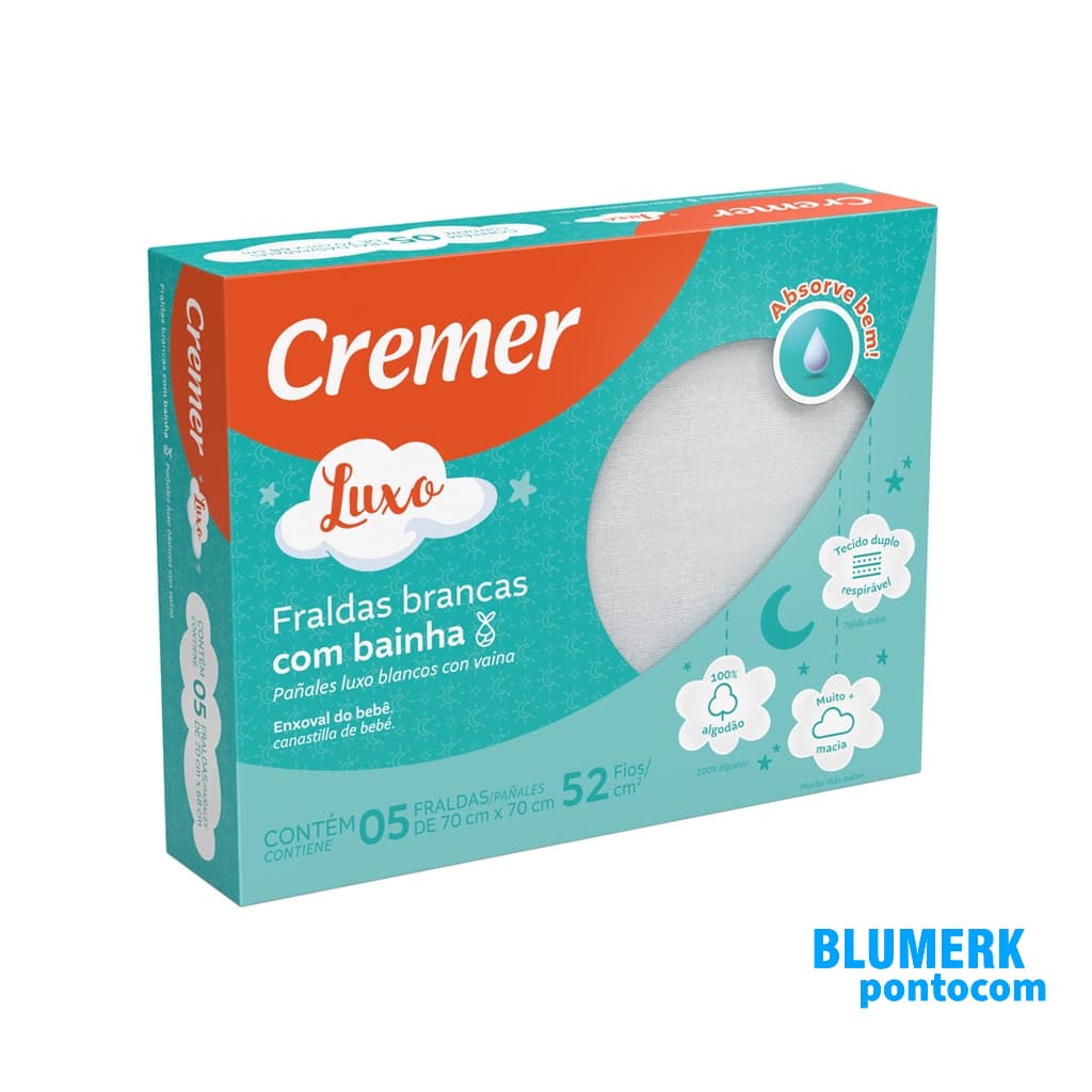 Fralda de Pano Cremer Luxo Branca com Bainha