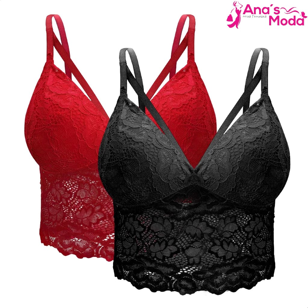 Kit 2 Cropped Top de Renda Feminino Alça Dupla Com Regulagem e Bojo