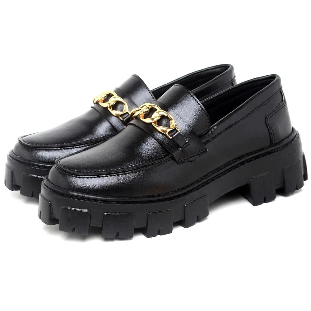 Sapato Mocassim Dubuy Oxford Feminino Preto Detalhe Corrente Tratorada Still 1413FG