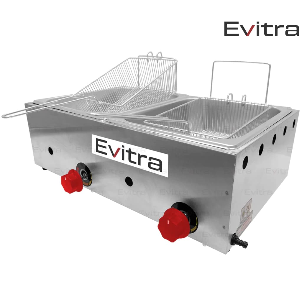 Fritadeira fritador 2cubas Evitra a gás cesto de inox 5 litros cada coxinha kibe batata frita cozinh