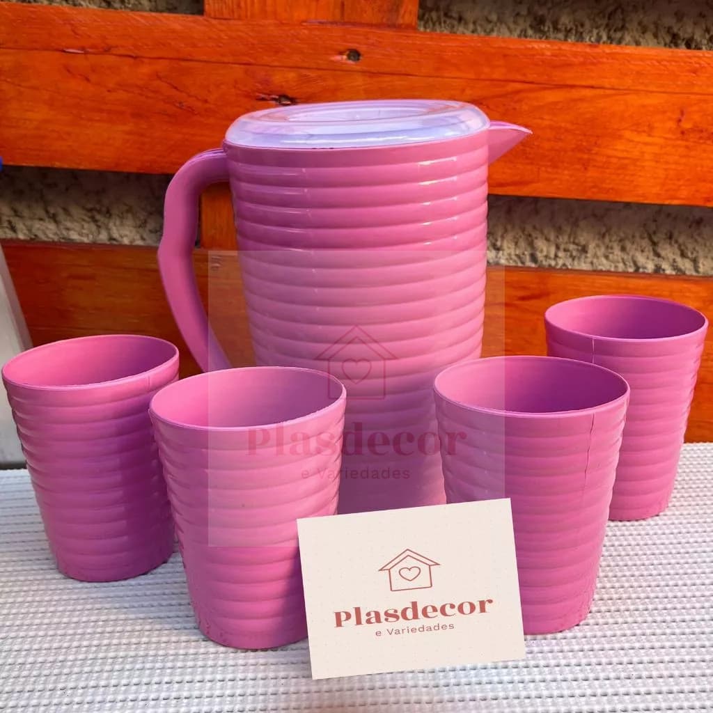 Jarra De Suco Agua 2 Litros + 4 Copos plásticos Rosa Pink 350ml cozinha
