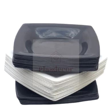 Kit 10 - 20 - 30 Unidades Pratos Quadrados Plástico Refeição Lanche Churras Lanchonete 22cm reutilizáveis branco e preto
