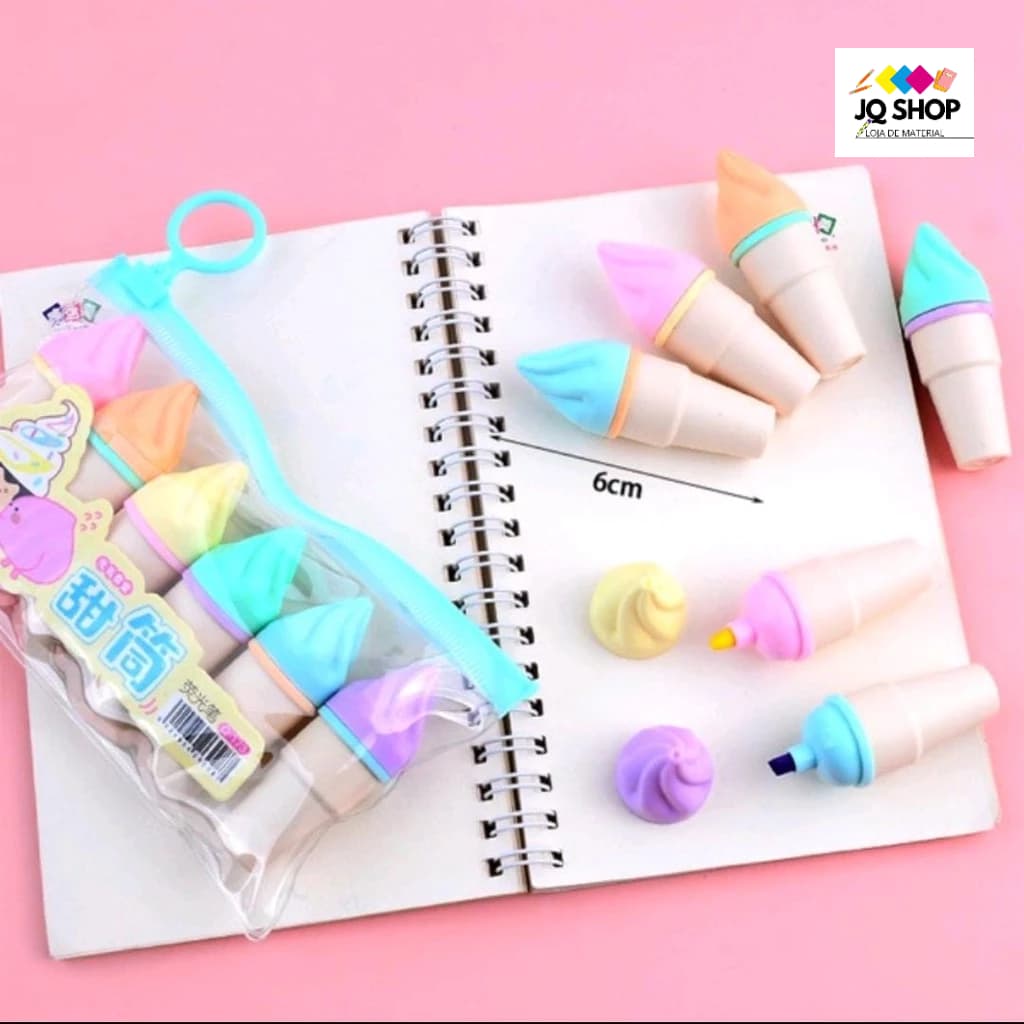 KIT 6 Mini Marca Texto Sorvete Casquinha Pastéis Caneta fofa Papelaria/Escritório/ Material Escola