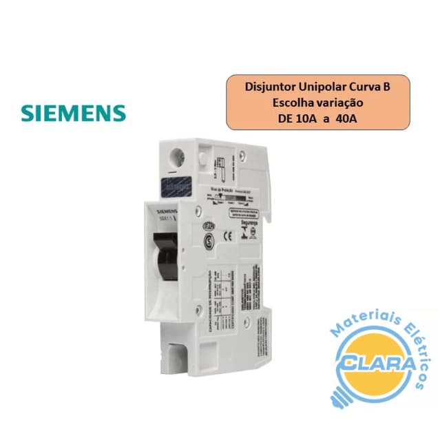 DISJUNTOR CURVA B 10A a 40A SIEMENS UNIPOLAR  Din 5SX1 MODELO ANTIGO