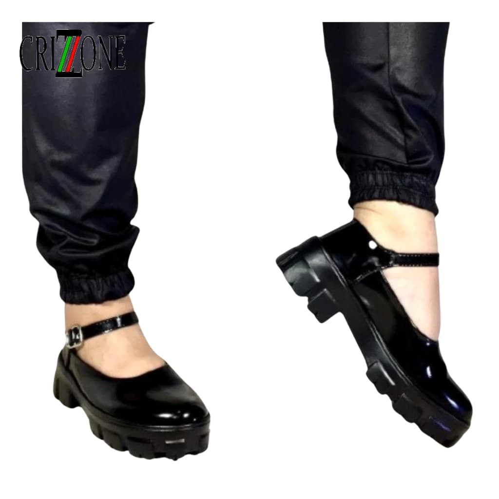 Sandália Feminina Plataforma Tratorada Grife Mary Jane Alça Verniz Mulher