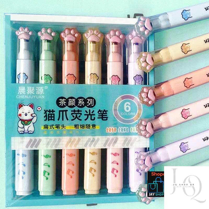 6 Cores Marca texto Garra de Gato Rosto ou Patinha Musical pastel e neon