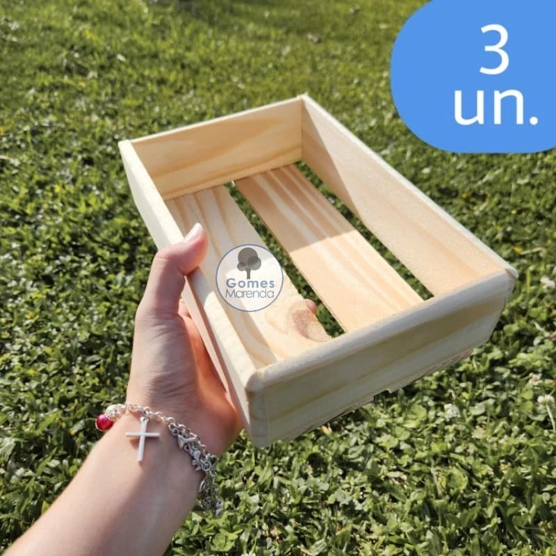 Kit 3 un. Caixote Caixa Cesta de Madeira Pinus P 24x16x7cm