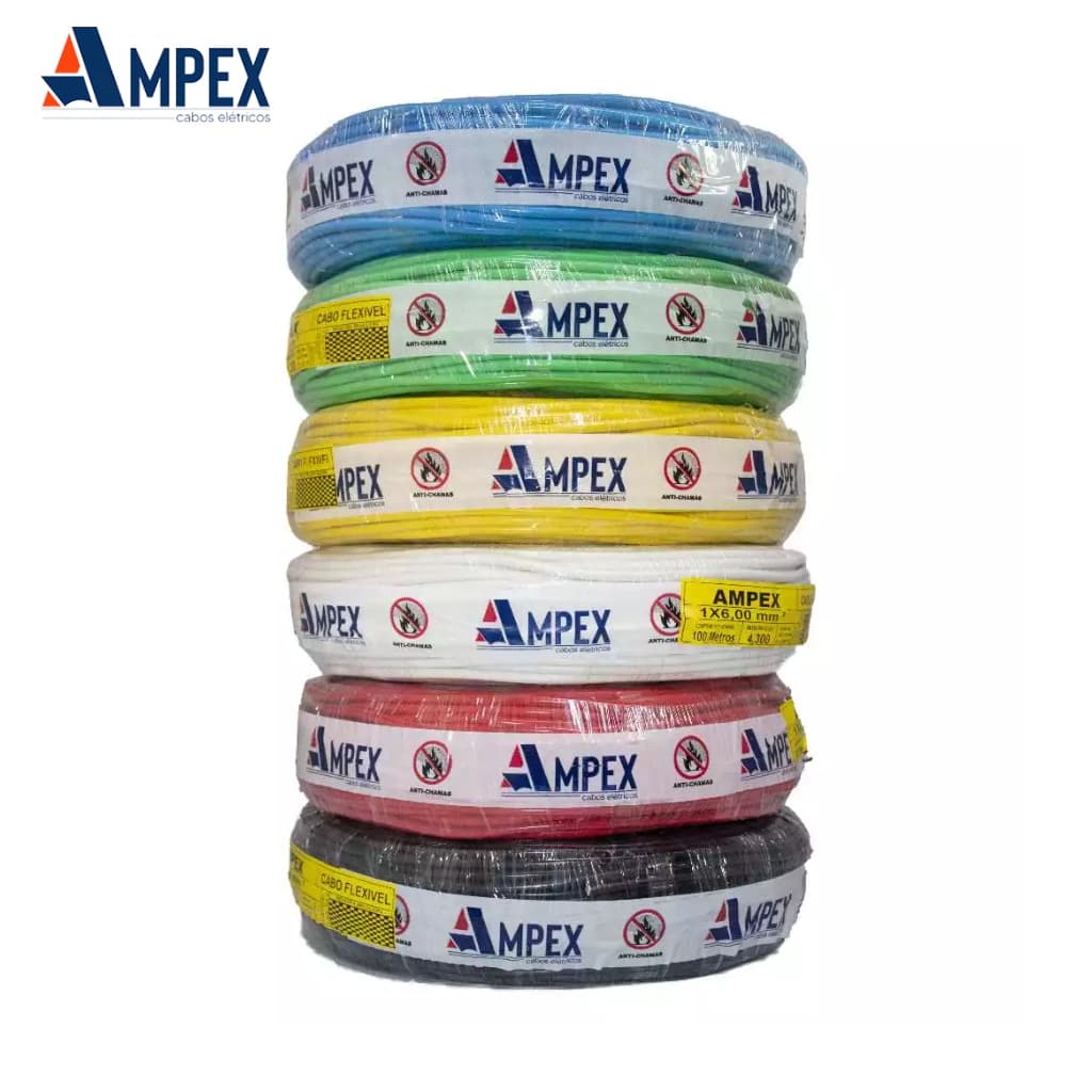 Fio Elétrico Cabo Flexível 6mm Rolo de 100m – Certificado INMETRO | Anti-chamas | Ampex