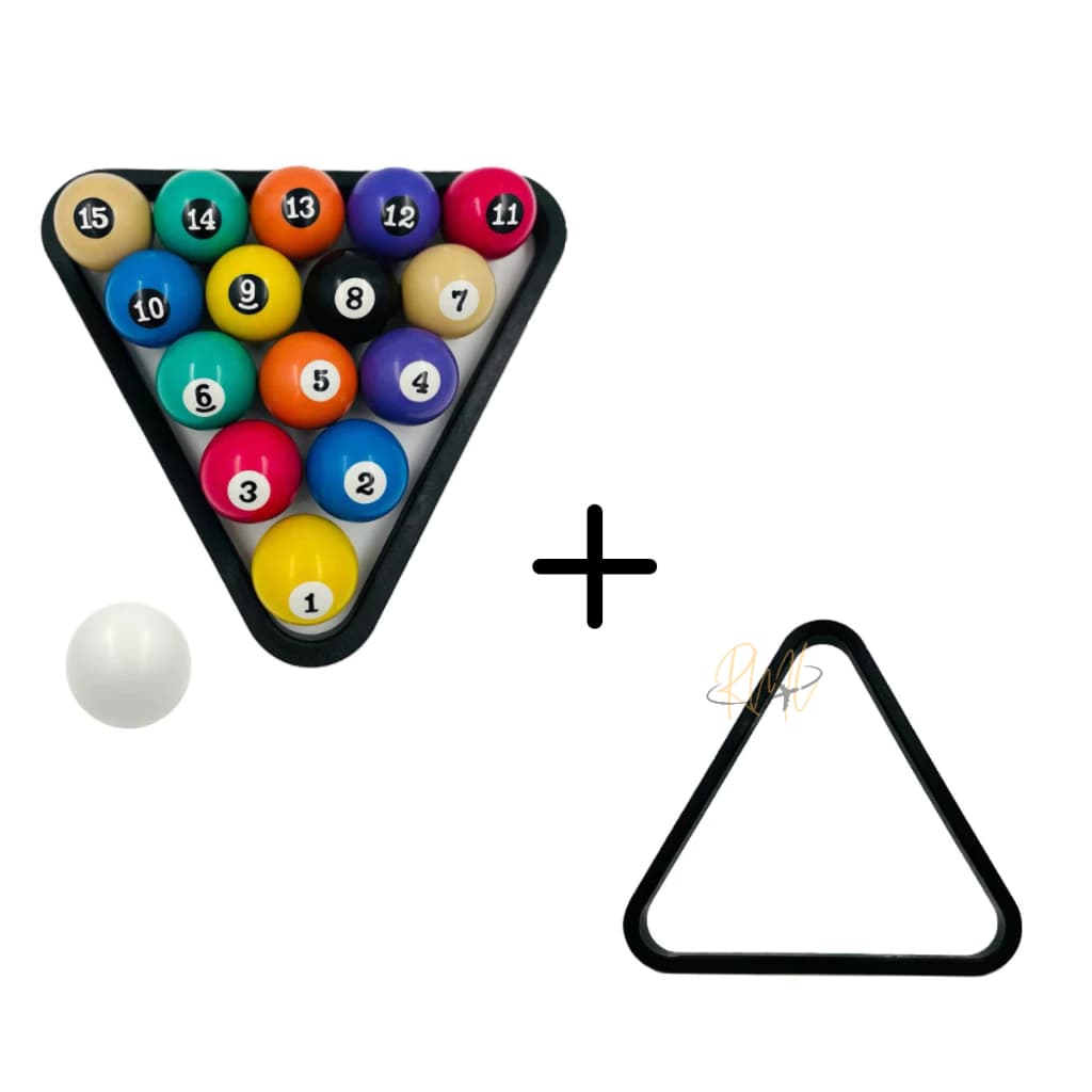 JOGO DE BOLA NUMERADA 50MM + BOLA BRANCA 54MM + TRIANGULO BILHAR SNOOKER SINUCA