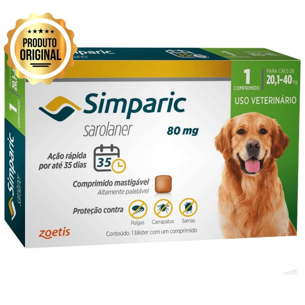 Anti Pulgas e Carrapatos Simparic Cães de 20,1 a 40 Kg - 80 Mg 01 Comprimido - Zoetis