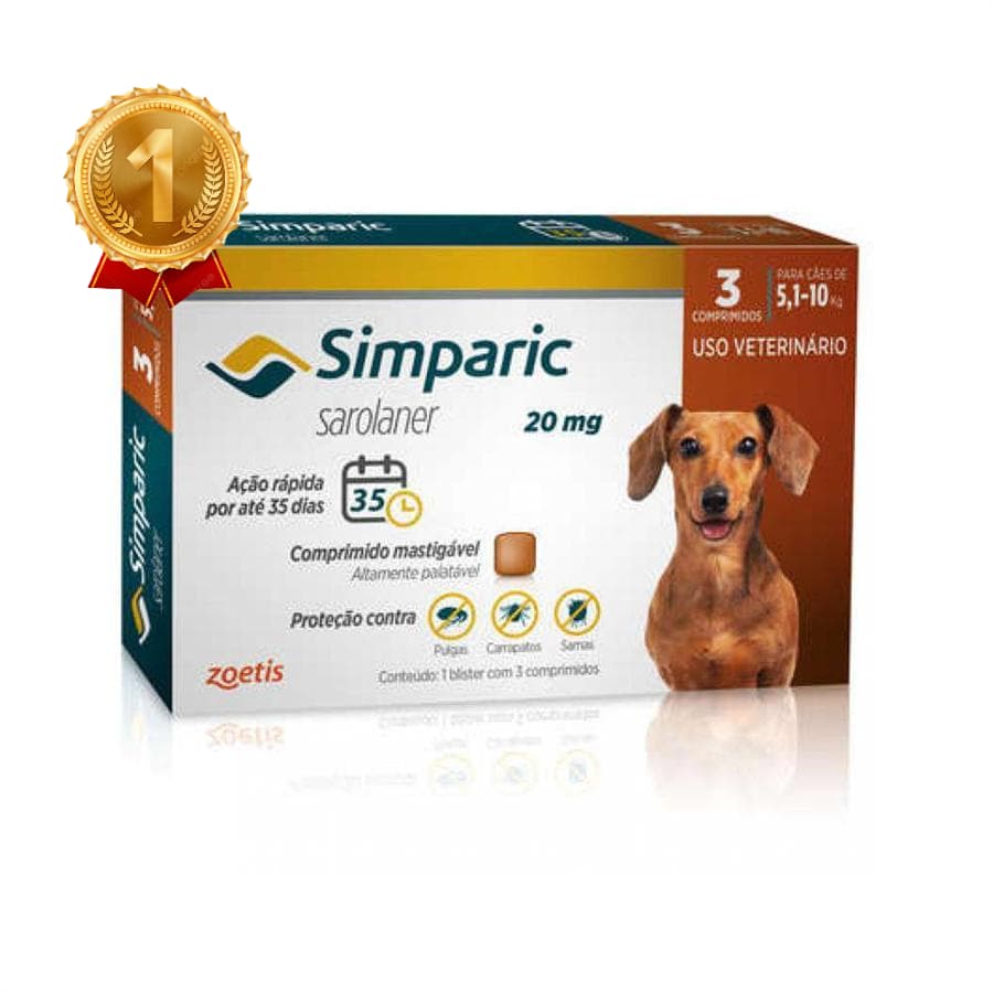 Antipulgas e Carrapatos Simparic Cães de 5,1 a 10kg com 3 Comprimidos (20 mg)