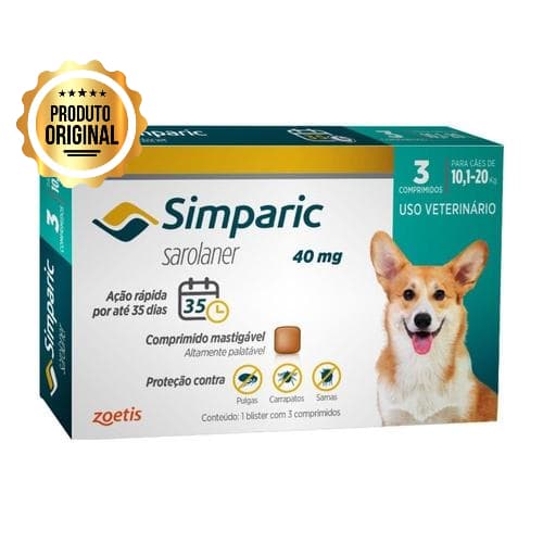 Antipulgas e Carrapatos Simparic Cães de 10,1 a 20kg com 3 Comprimidos