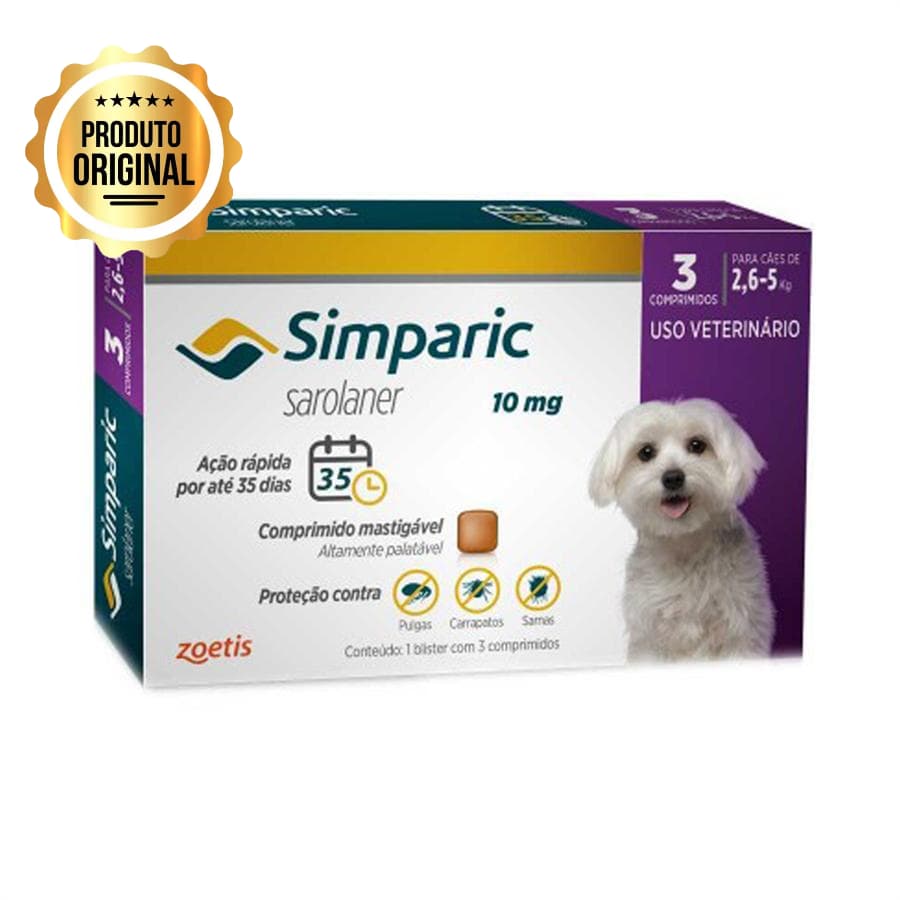 Antipulgas e Carrapatos Simparic Cães de 2,6 a 5 KG - 3 Comprimidos (10 mg)