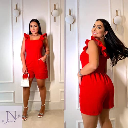 Macaquinho Feminino  Alça Babado Curto Forrado com Bojo