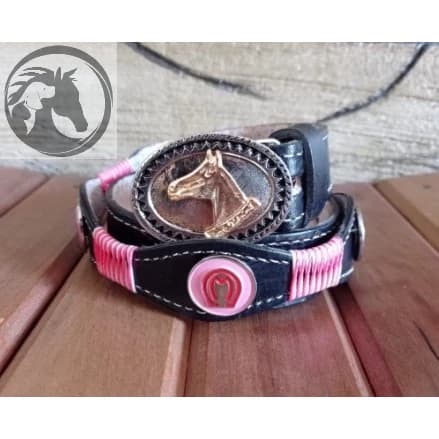 Cinto Infantil Feminino em Couro Legítimo Trançado Artesanalmente Rosa com Fivelinha Country