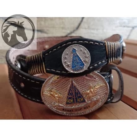 Cinto Infantil em Couro Legítimo Apliques Nossa Senhora Aparecida e Trançado Artesanal