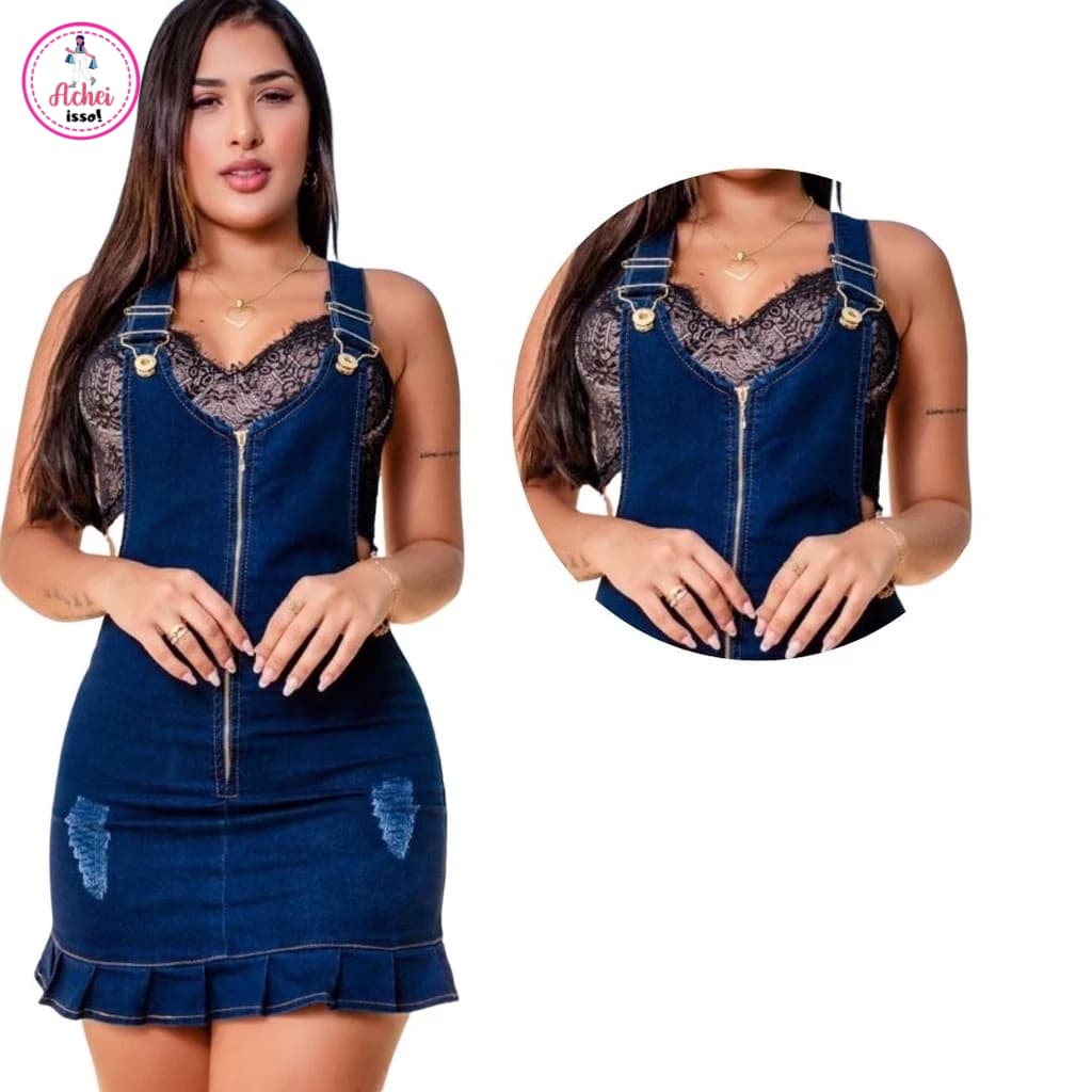 Jardineira Jeans C/ zíper Escuro,Achei Isso Modas