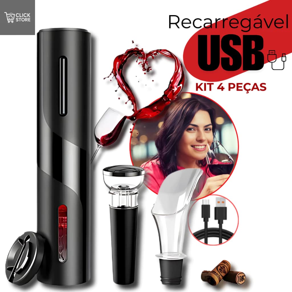 Abridor De Vinho Elétrico Saca Rolhas USB Recarregável Automático Kit 4 Peças Premium