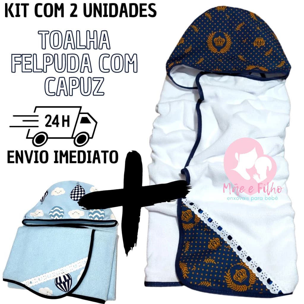 Kit com 2 Toalha De Banho Bebe Dupla Face Modelo Luxo Com Capuz Forrada com Fralda 100% Algodão