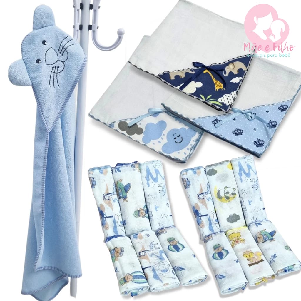 Kit Enxoval Bebê 15 Peças Toalha de Banho Bebê Bordada + 11 Fraldinhas + 3 Manta Fralda 100% Algodão