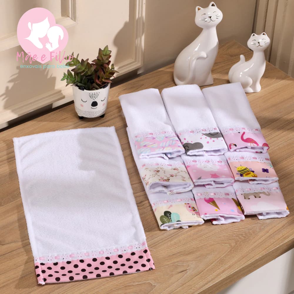 Kit com 10 Toalhinhas Fraldinhas de Ombro Passa Fita Modelo LUXO com Tecido Estampado 100% Algodão