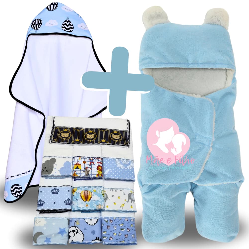 Kit Toalha de Banho Bebe + Saco de Dormir com Orelhas + 6 Toalhas de Ombro Felpuda Atoalhada