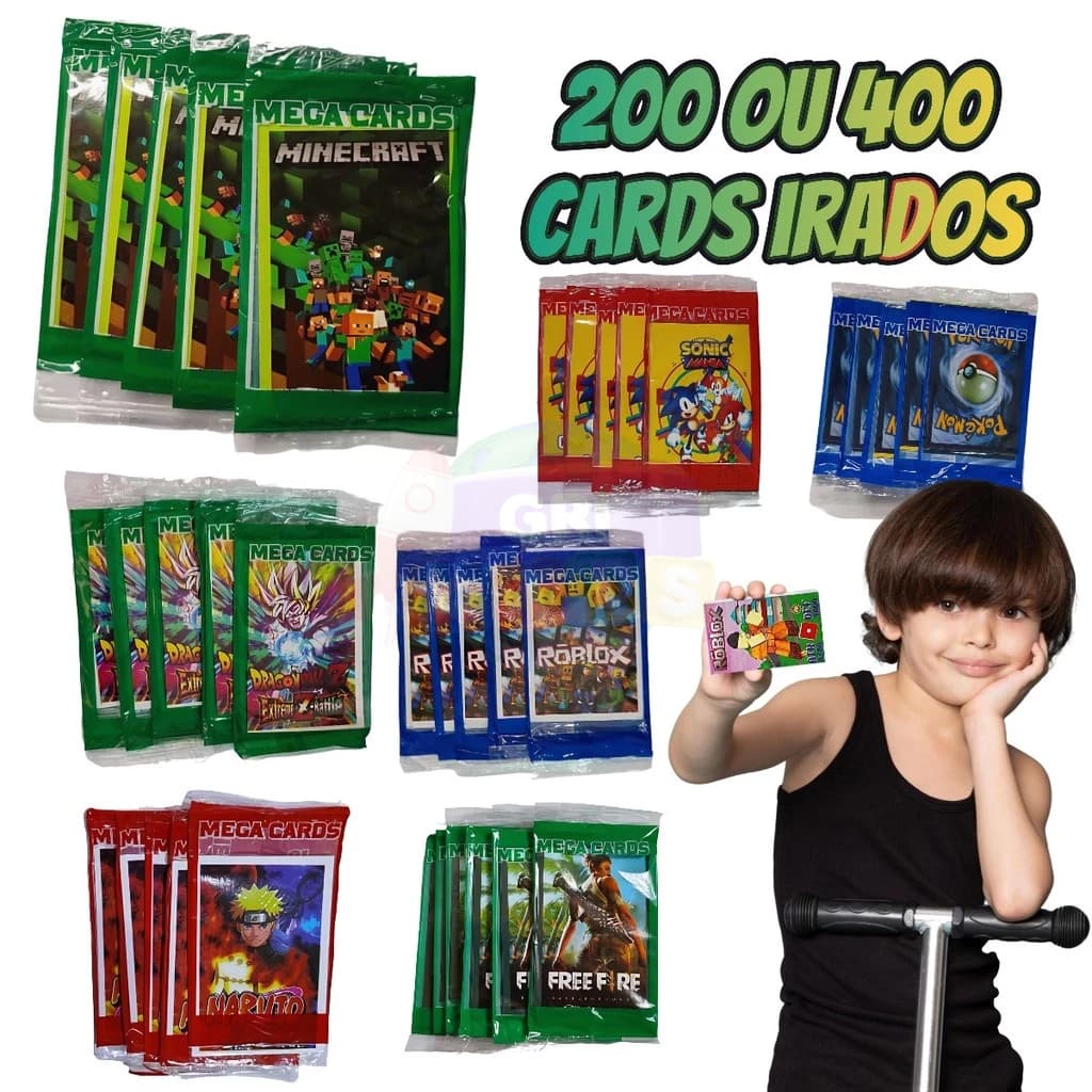 Kit 200 /400 Cards Figurinhas 50 / 100 Pacotes Para Bater Trocar Cartas Minecraft Sonic Pokemon Naruto