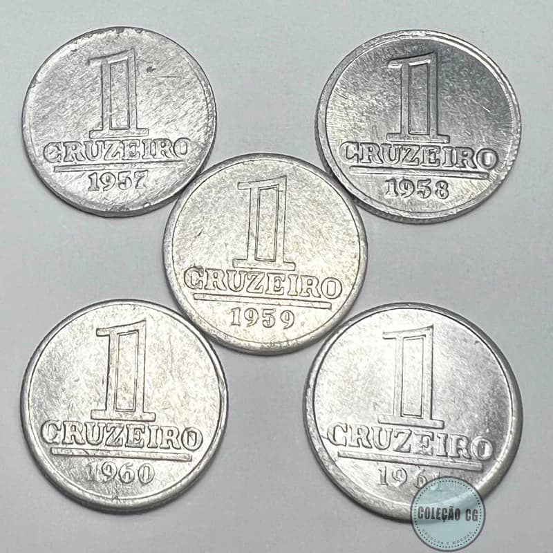 Lote 5 Moedas 1 Cruzeiro Alumínio Set Completo 1957 a 1961