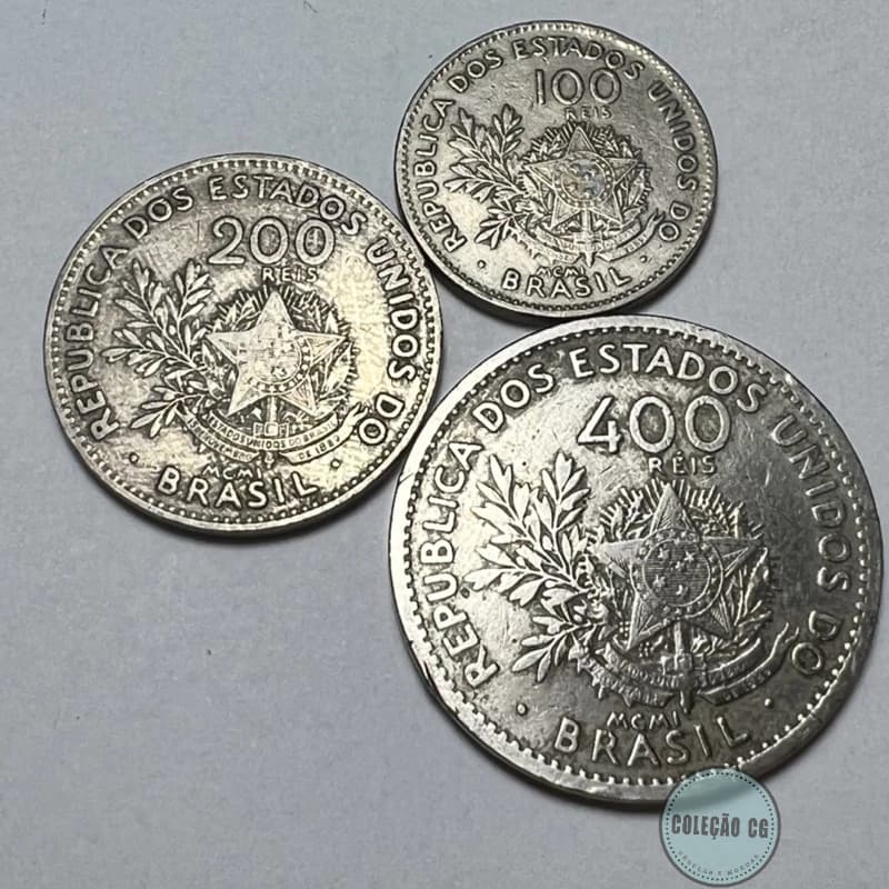 Lote com 3 Moedas MCMI 100 200 e 400 Réis 1901