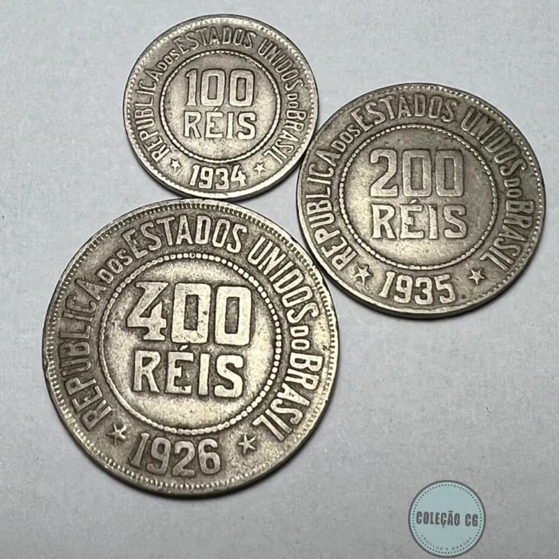 Lote 3 Moedas 100, 200 e 400 Réis República Datas Variadas
