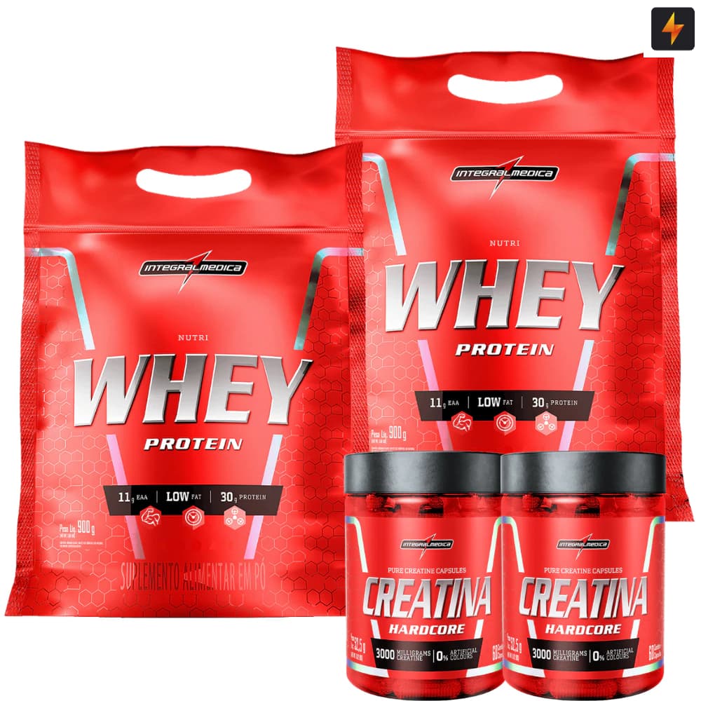 Kit 2x Nutri Whey Protein Refil 900g + 2x Creatina Pura Hardcore 60 Cápsulas Integralmedica
