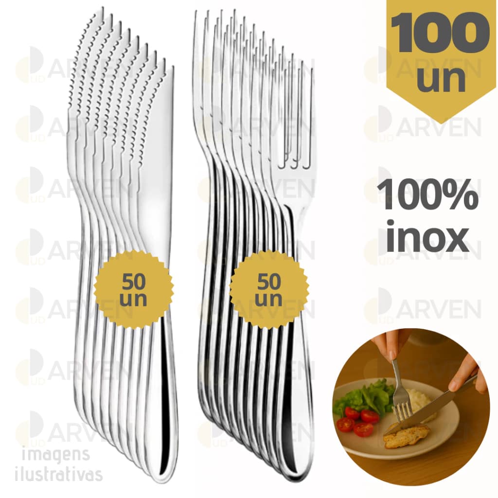 Jogo de Talher 100 Peças Inox 50 Facas 50 Garfos Luxo Alta Qualidade Premium Refeições Mesa Cozinha