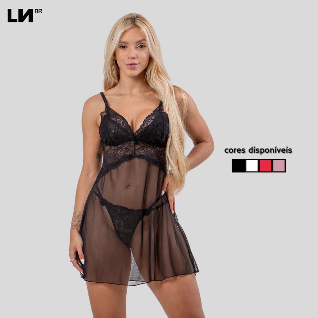 Camisola Tule Com Renda + Calcinha Linha Noite