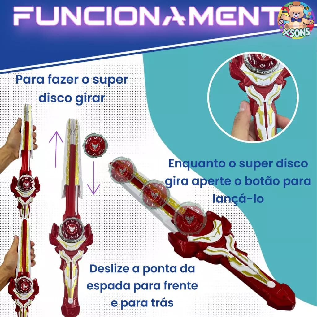 Kit Espada Lançador De Beyblades + Beyblade Brinquedos Para Criança