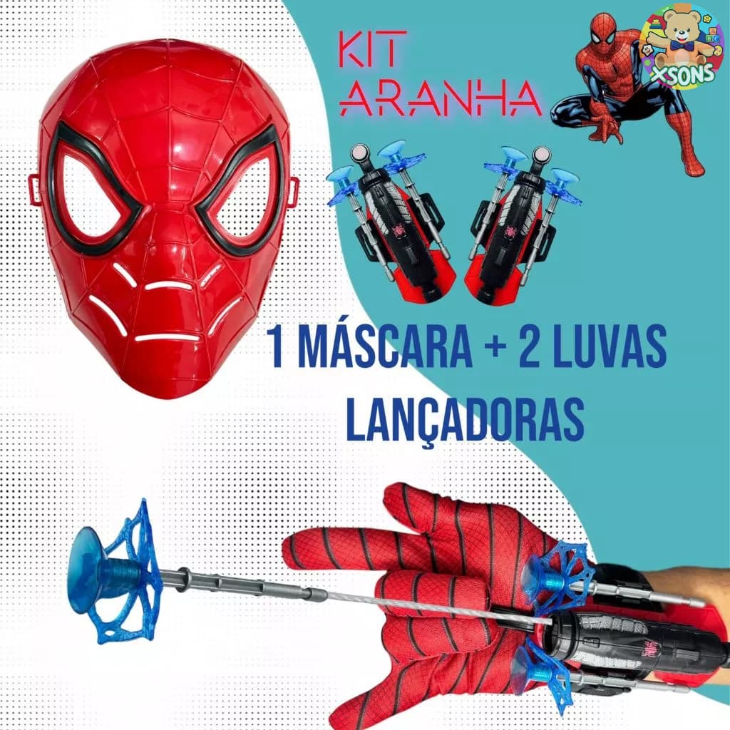 Kit Com 2 Luvas Com Lançadores De "Teia" Do Homen Aranha + Mascara Spider Man Fantasia