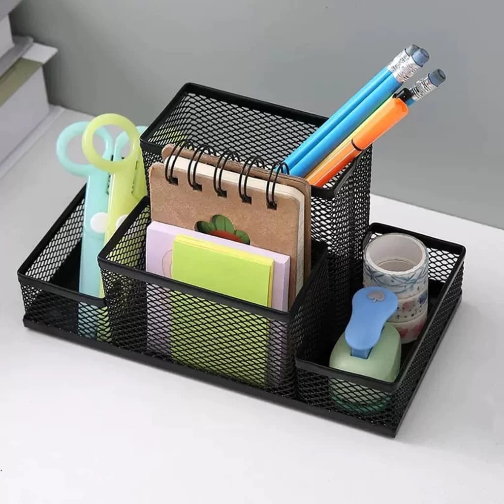 Porta Caneta Organizador De Metal Para Mesa Escritório Aramado Com Divisórias Multiuso