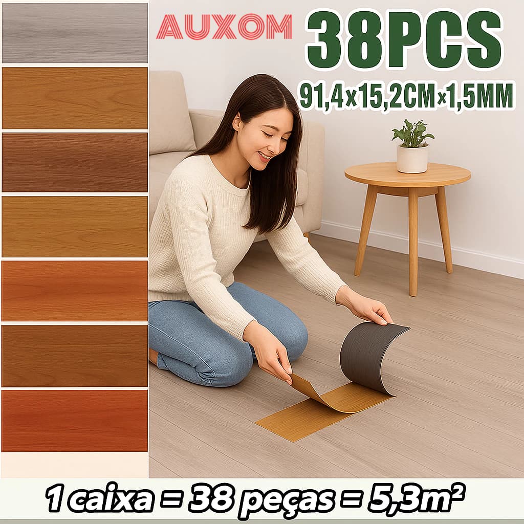 Piso Vinílico Adesivo 38 Peças – Efeito Madeira, Fácil Aplicação e Lavável