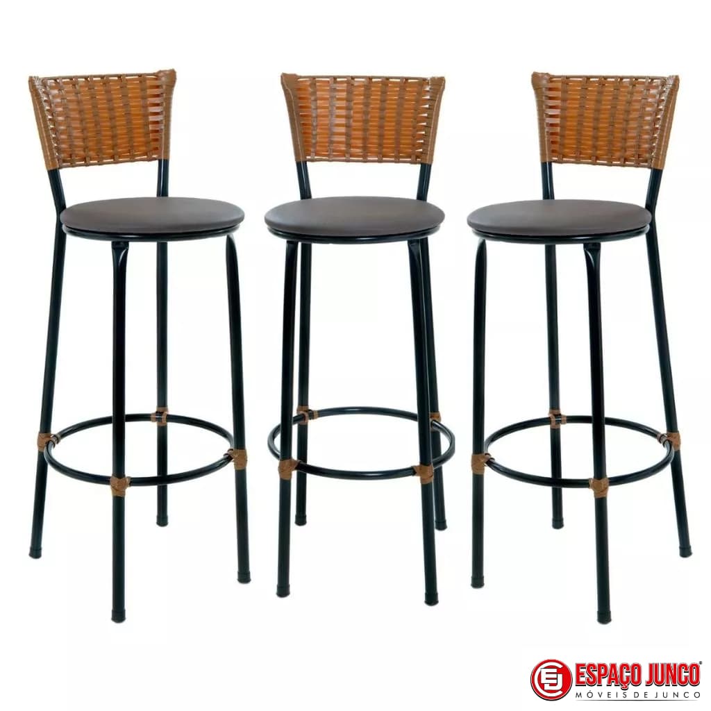 KIT 3 BANQUETAS BANCO ALTO DE COZINHA AREA GOURMET MOVEIS DE JUNCO